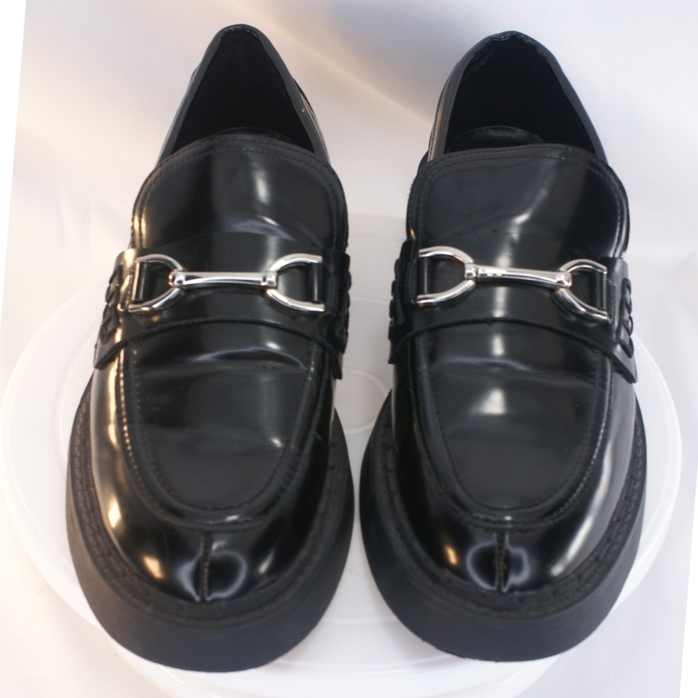 Zara Womens Black Patent Horsebit Platform Loafers Chunky Block Heel 39 2545/810